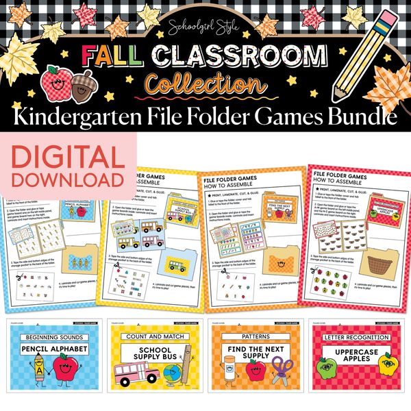 Printable Fall September Kindergarten File Folder Games | 90s Teacher
