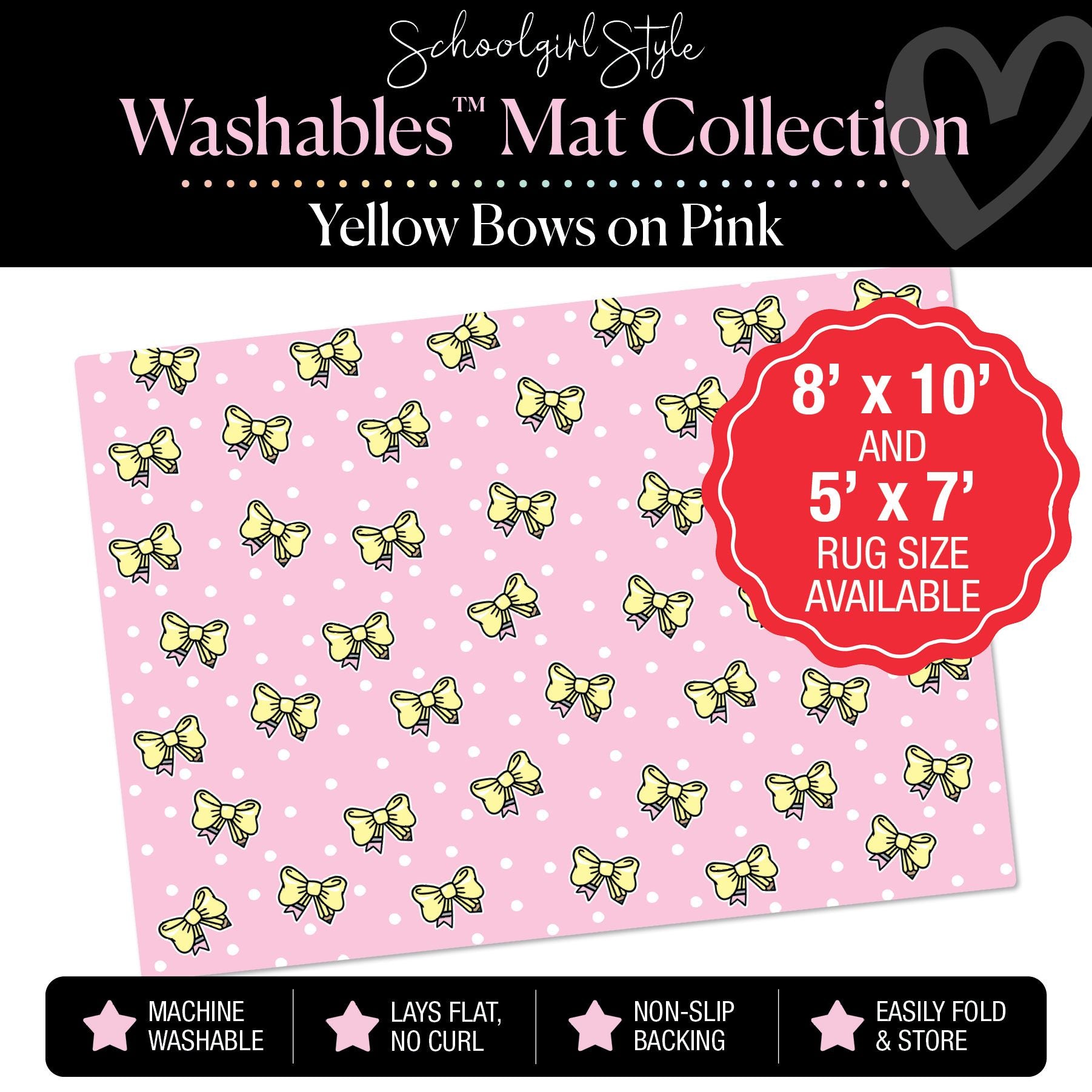 Pencil Bows on Pink Polka Dot Background Classroom Mat by Schoolgirl Style