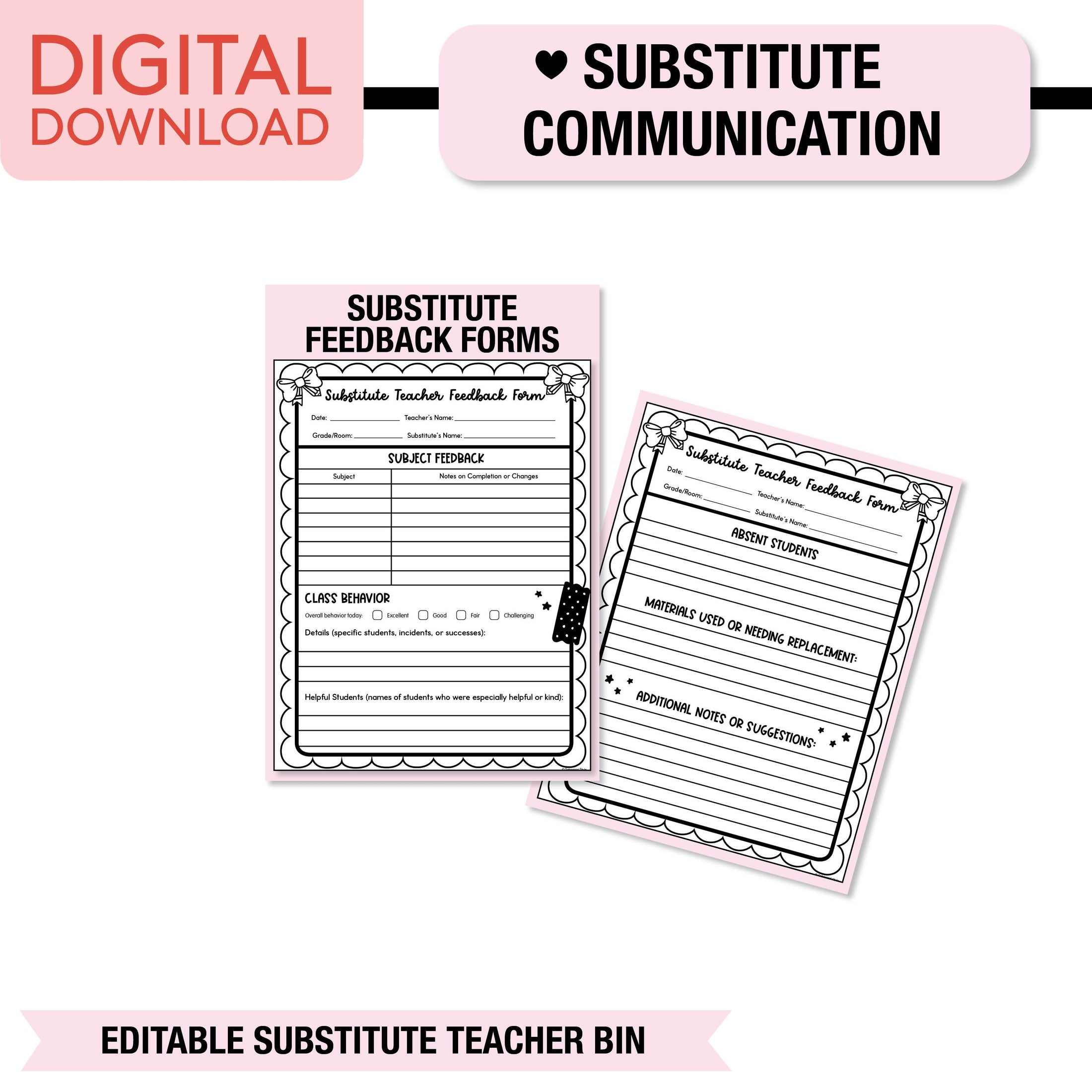 Printable Pastel Editable Substitute Teacher Bin and Forms