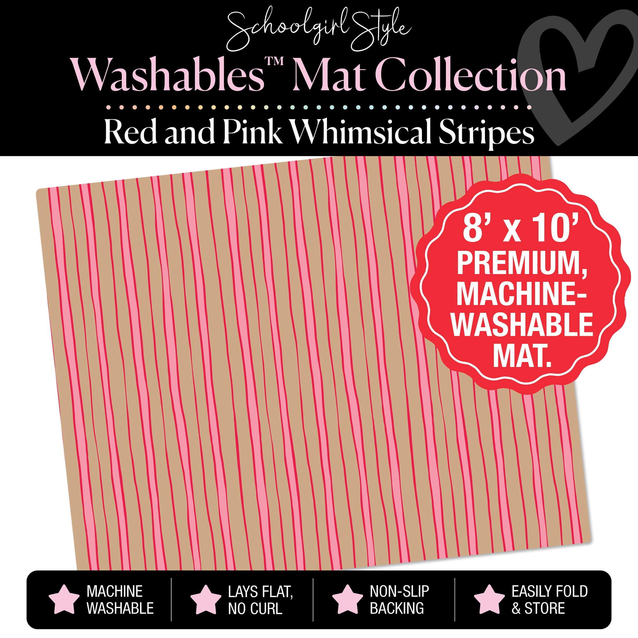 Red and Pink Whimsical Stripes on Kraft Background Classroom Mat by Schoolgirl Style