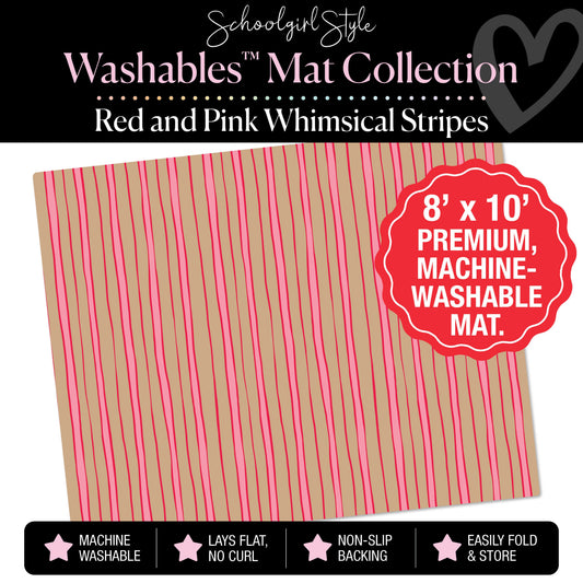 Red and Pink Whimsical Stripes on Kraft Background Classroom Mat by Schoolgirl Style