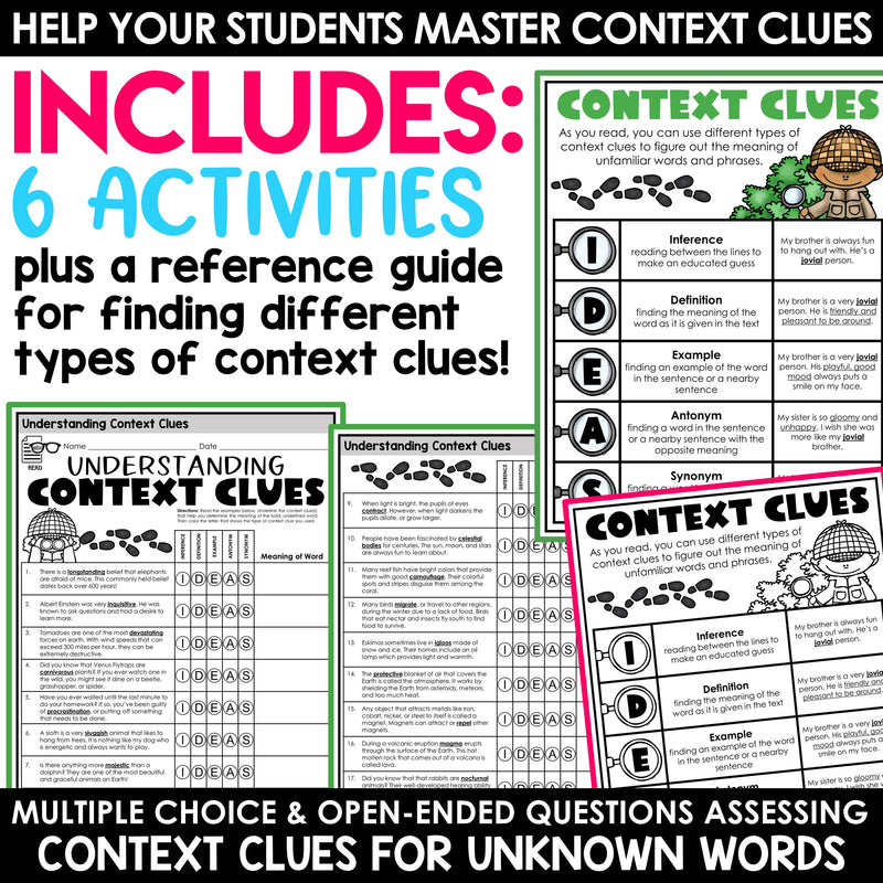 Context Clues Worksheets Activities Passages Determining Meaning of Unknown Word