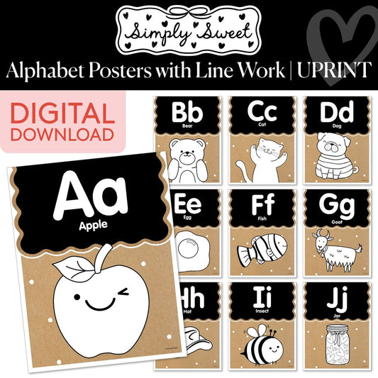 Printable Classic Black and White Alphabet Posters with Line Work | Simply Sweet