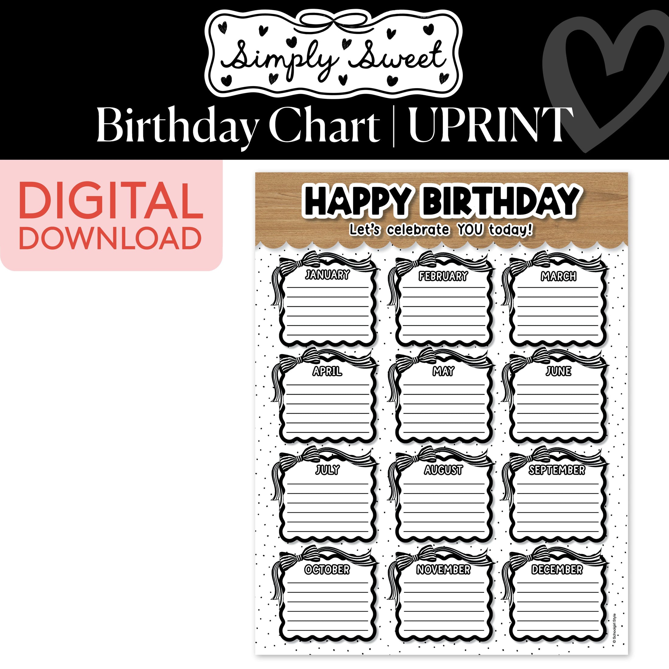 Printable Classic Black and White Birthday Chart | Simply Sweet