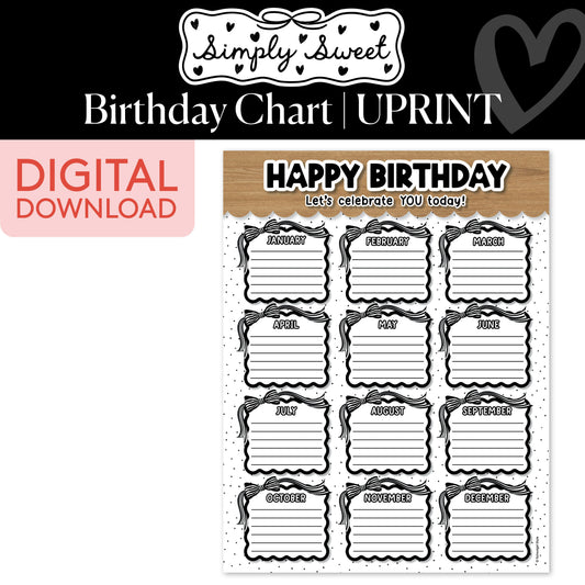 Printable Classic Black and White Birthday Chart | Simply Sweet