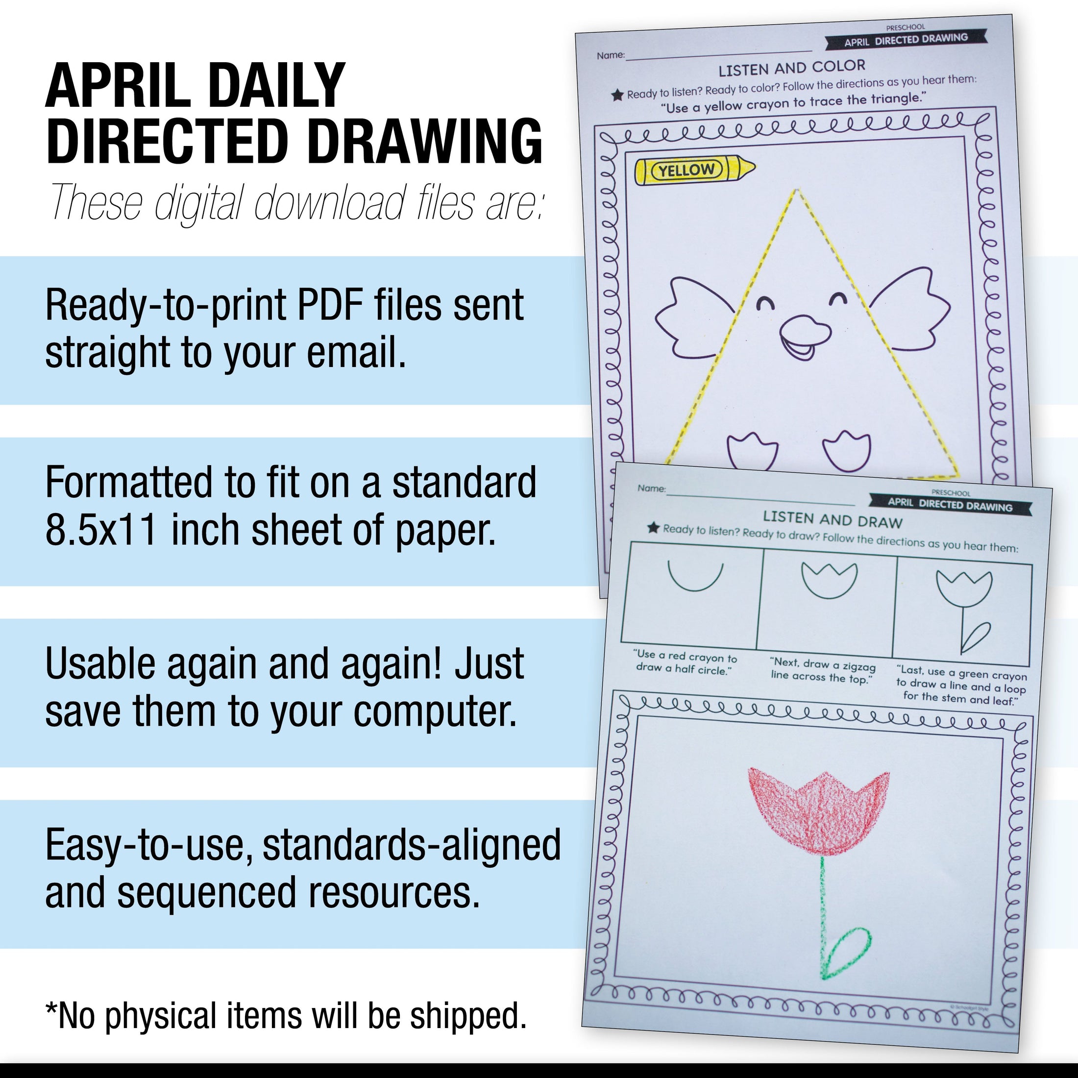 Printable Preschool April Directed Drawing Worksheets