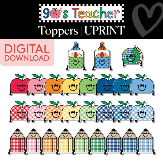 Printable Retro School Supplies Buddies Toppers | 90s Teacher