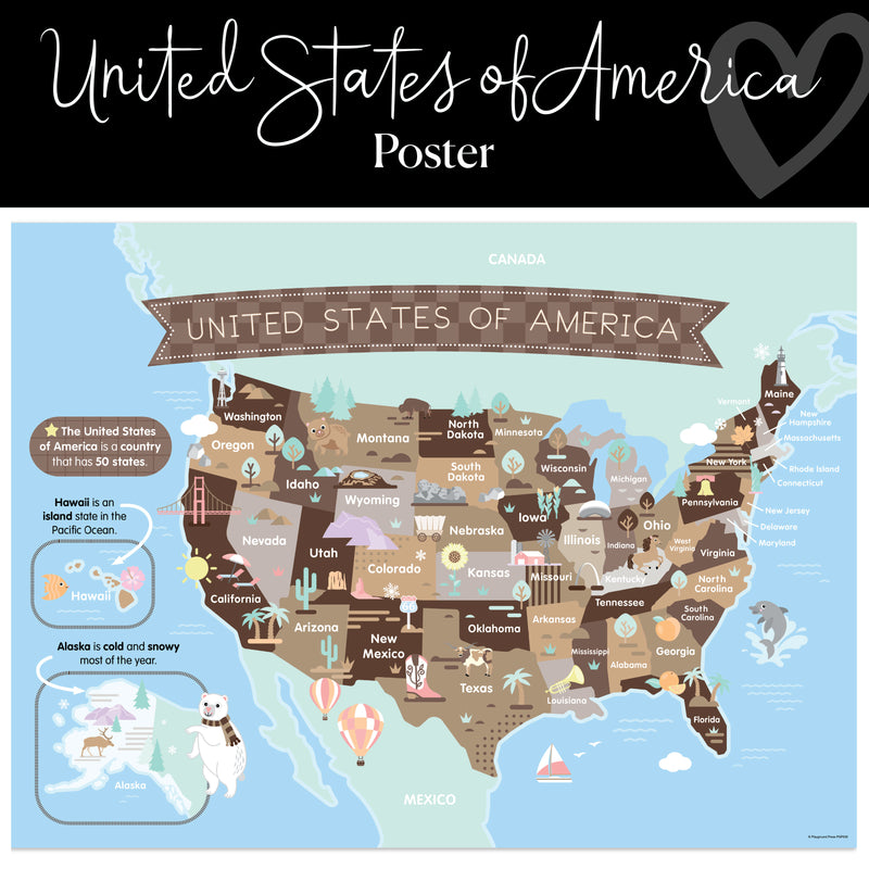 United States of America Map | Classroom Posters | Neutral Classroom Decor | Schoolgirl Style