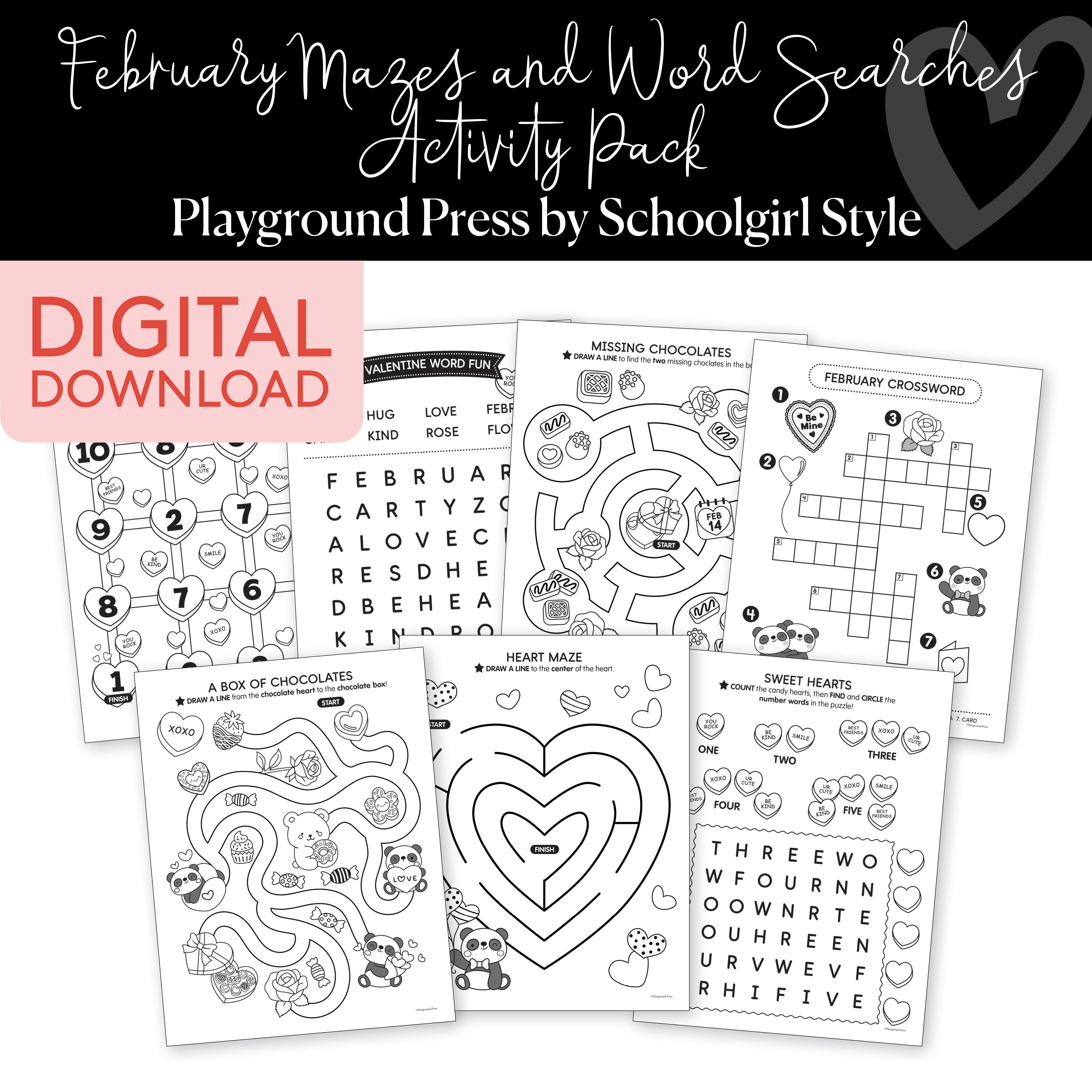 February mazes and word searches