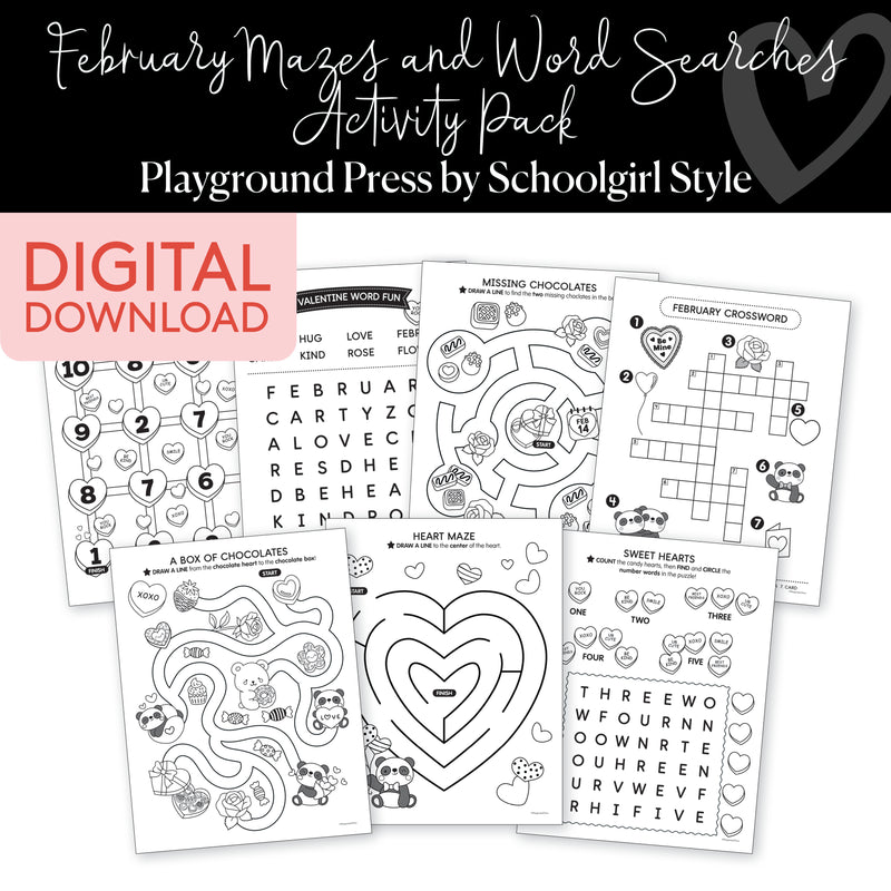 February mazes and word searches