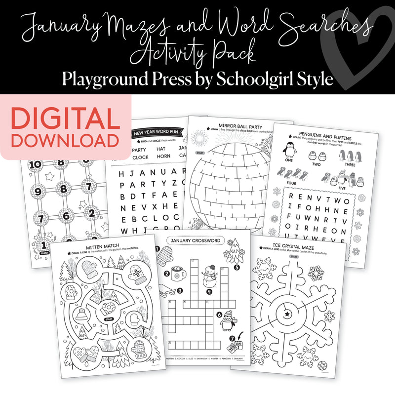 January mazes and word searches for kids