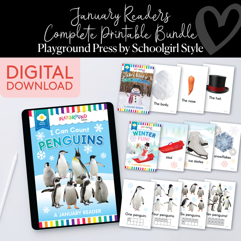 I Can Count Penguins, Let's Build a Snowman, Winter Fun, Happy New Year | January Reader Bundle | Yellow Reader | Playground Press by Schoolgirl Style