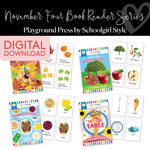 November Four Book Reader Series | I See Fall Leaves, My Thanksgiving Dinner, Set the Table, Let's Go Apple Picking | Playground Press by Schoolgirl Style