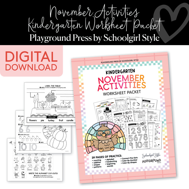 November Kindergarten Packet | Playground Press by Schoolgirl Style