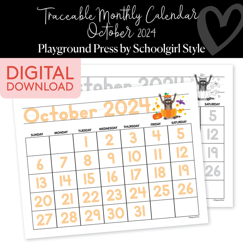 October 2024 Traceable Calendar | Playground Press by Schoolgirl Style