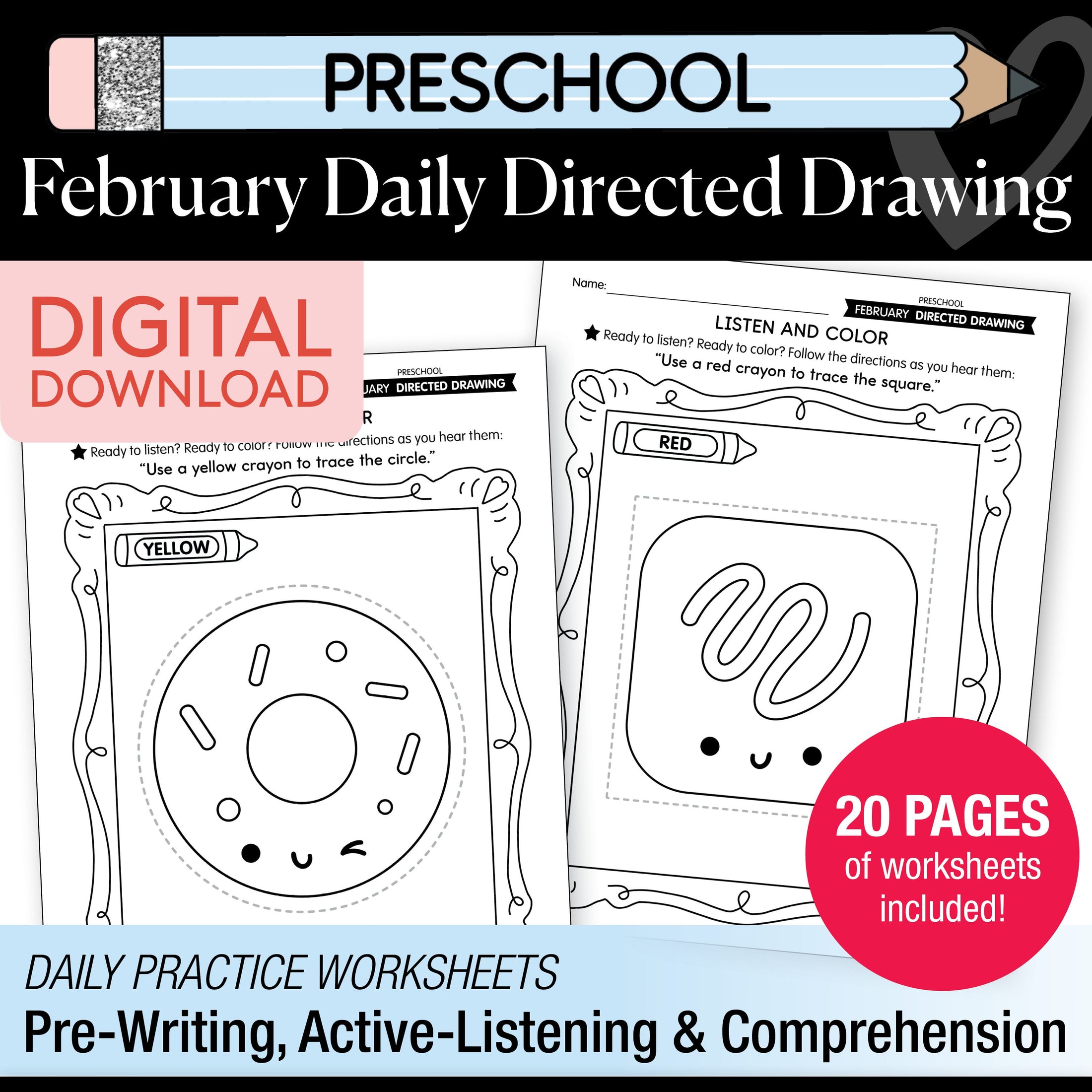Printable Preschool February Directed Drawing Worksheets
