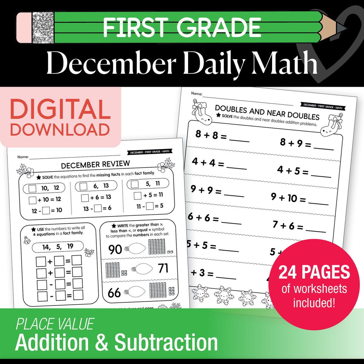 Printable First Grade December Daily Math Worksheets