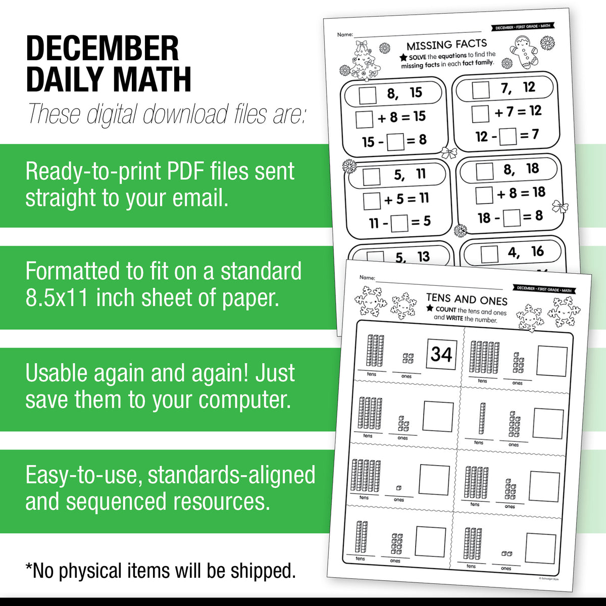Printable First Grade December Daily Math Worksheets