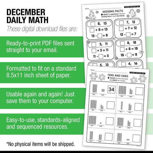 Printable First Grade December Daily Math Worksheets
