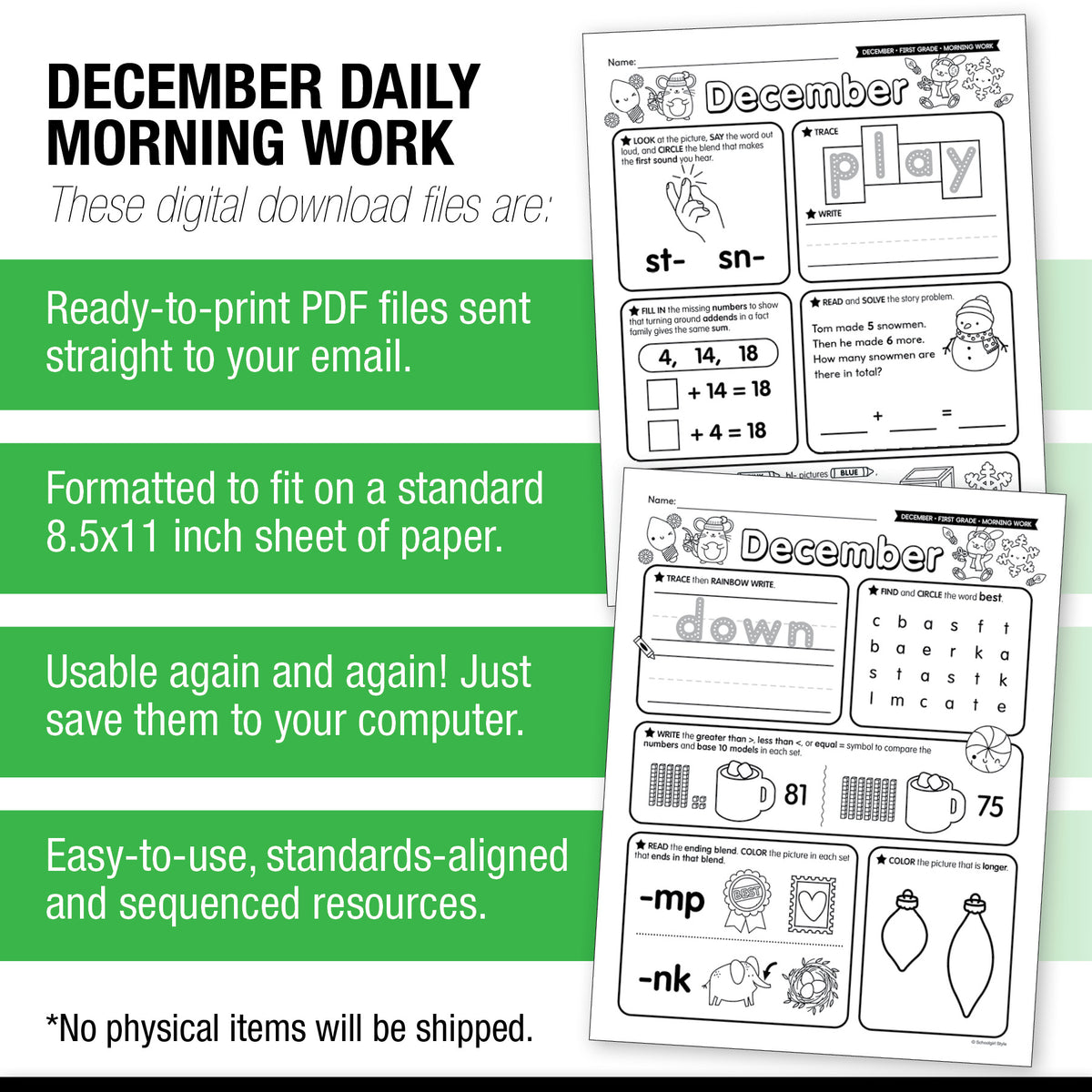 Printable First Grade December Daily Morning Work