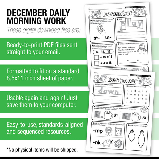 Printable First Grade December Daily Morning Work
