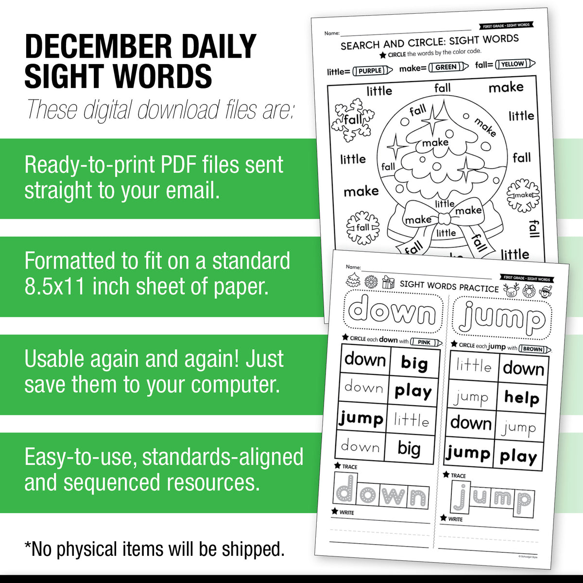 Printable First Grade December Daily Sight Words