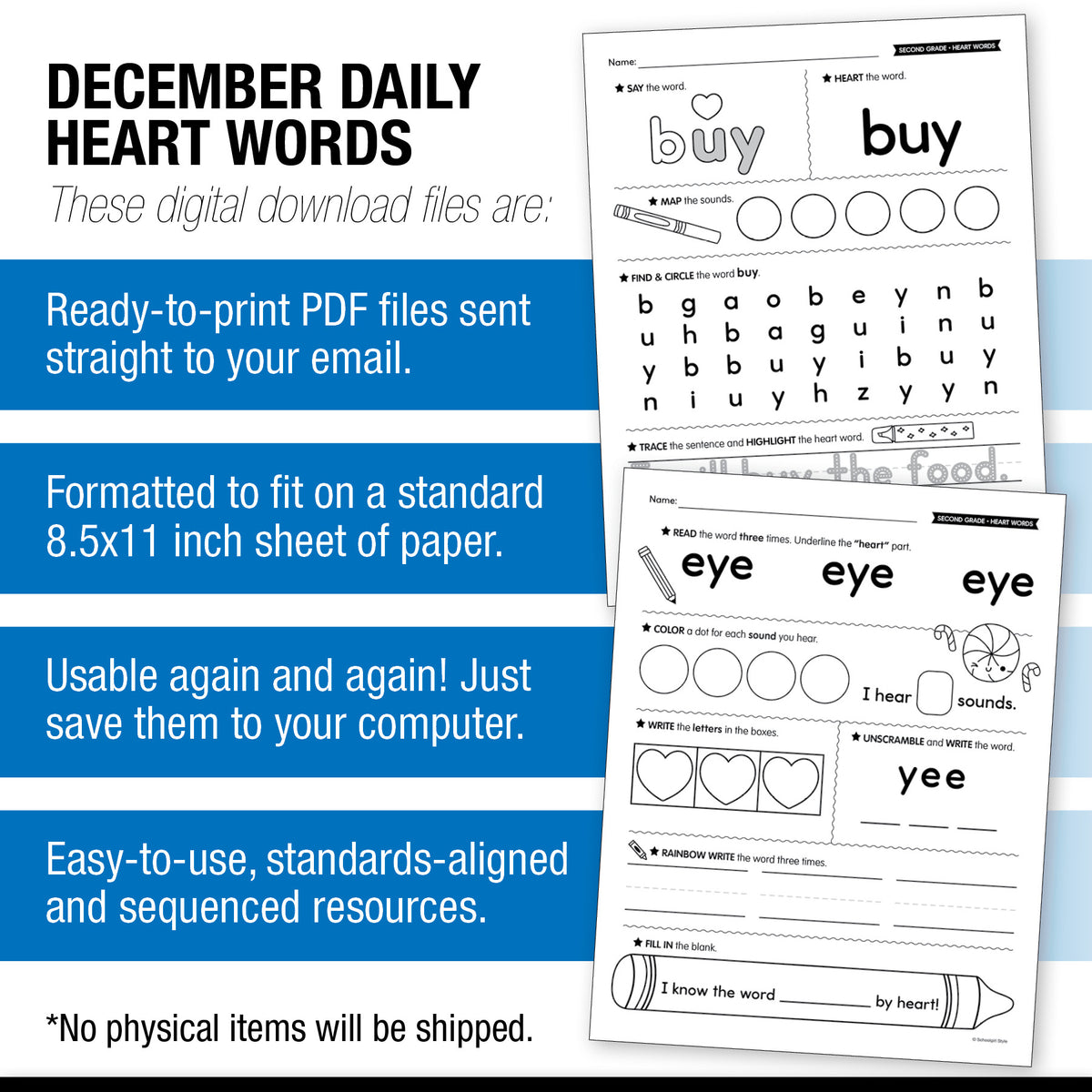 Printable Second Grade December Daily Heart Words
