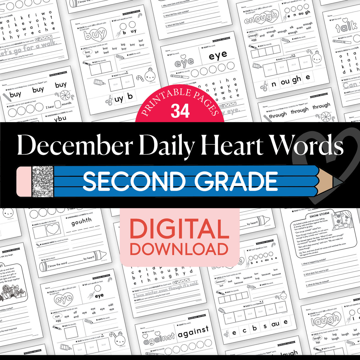 Printable Second Grade December Daily Heart Words
