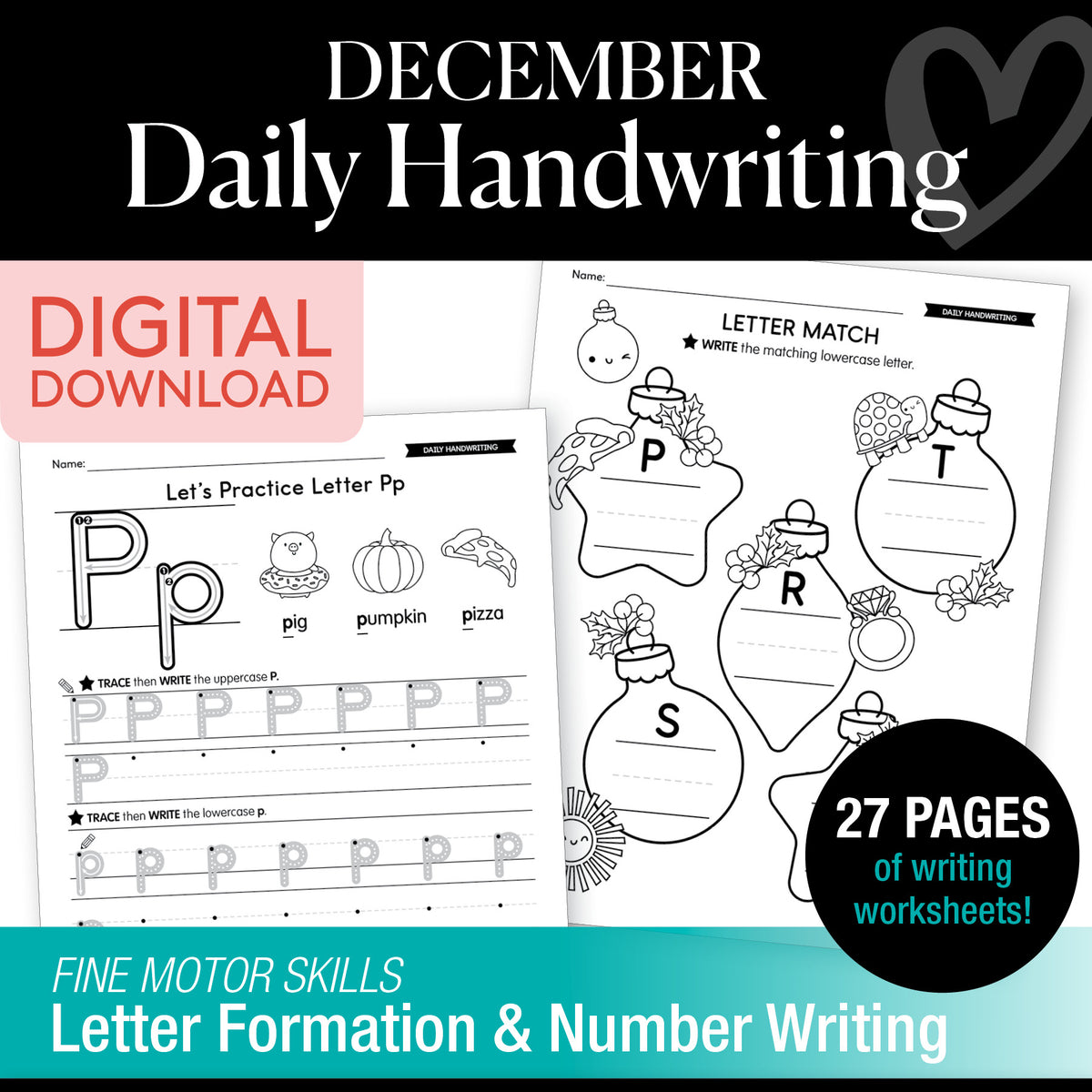 Printable December Daily Handwriting Worksheets