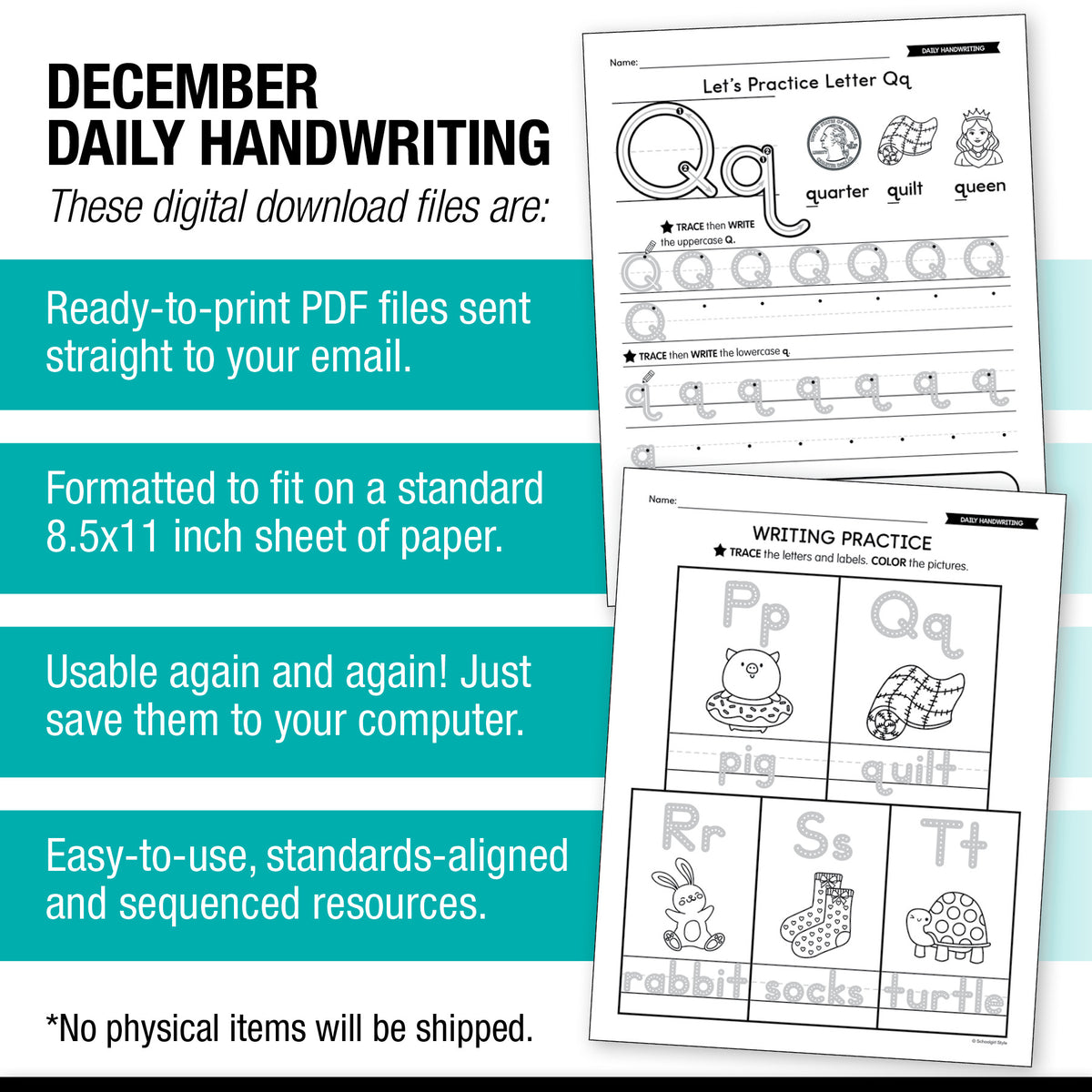 Printable December Daily Handwriting Worksheets