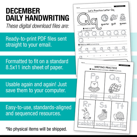Printable December Daily Handwriting Worksheets