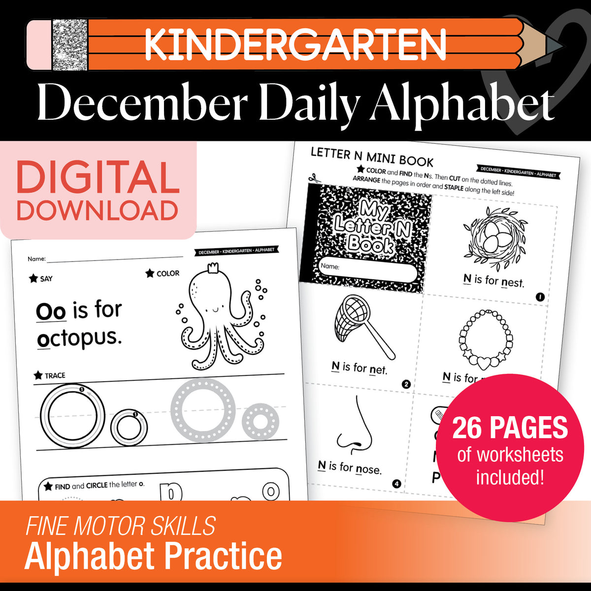 Printable Kindergarten December Daily Alphabet (M-P)