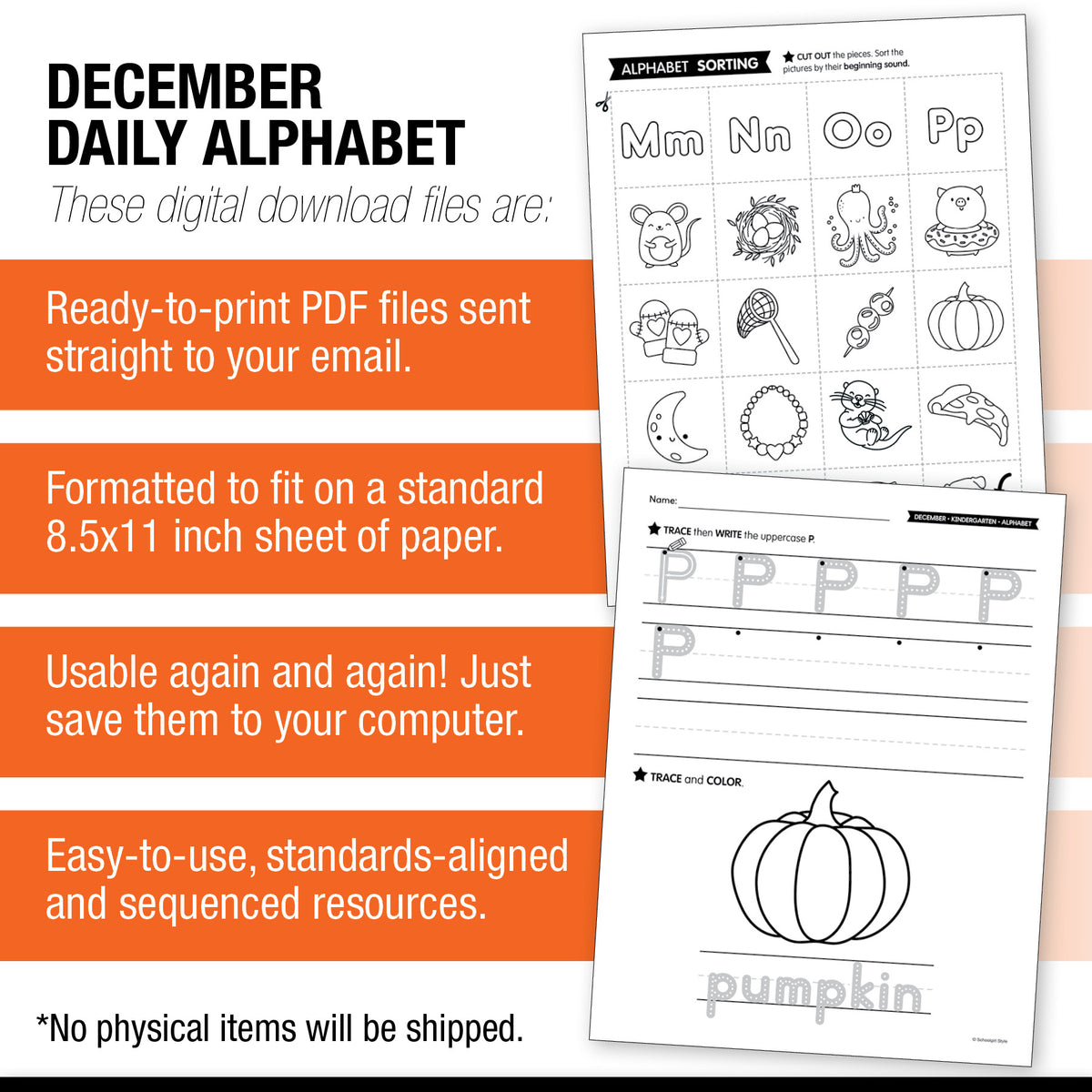 Printable Kindergarten December Daily Alphabet (M-P)