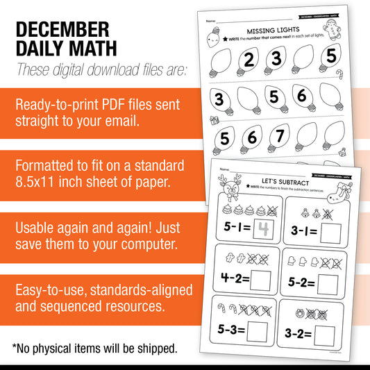 Printable Kindergarten December Daily Math Worksheets