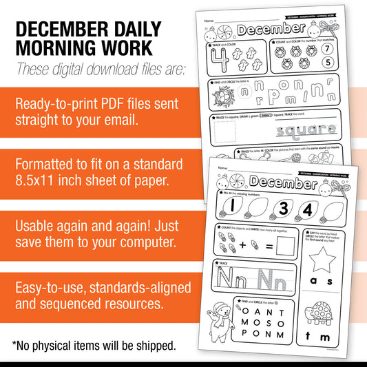 Printable Kindergarten December Daily Morning Work