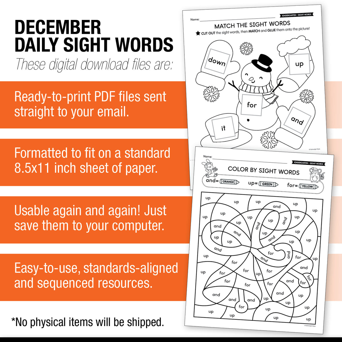 Printable Kindergarten December Daily Sight Words