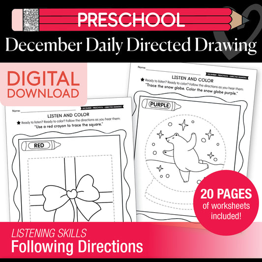 Printable Preschool December Directed Drawing Worksheets