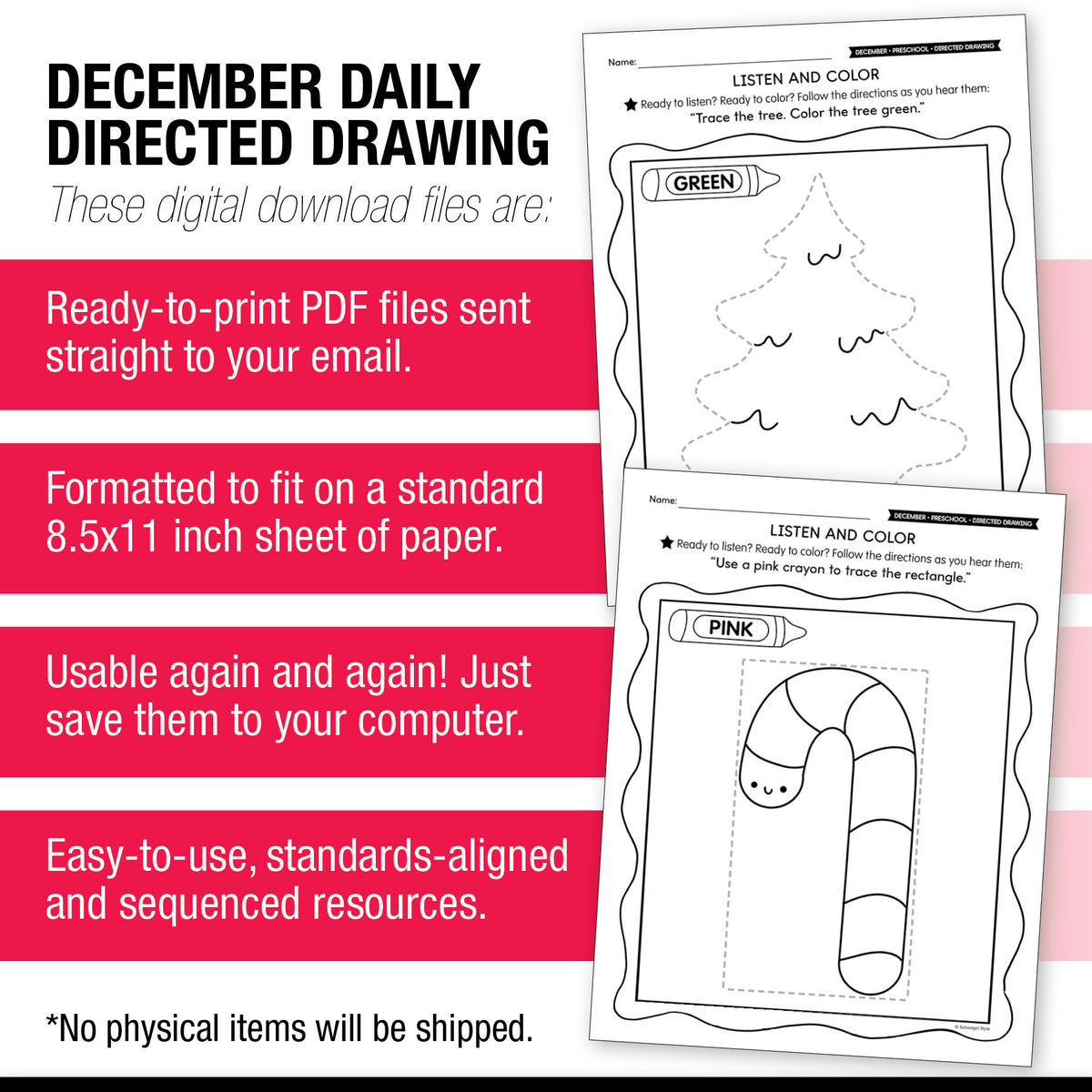 Printable Preschool December Directed Drawing Worksheets