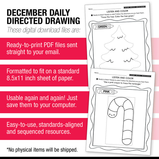Printable Preschool December Directed Drawing Worksheets