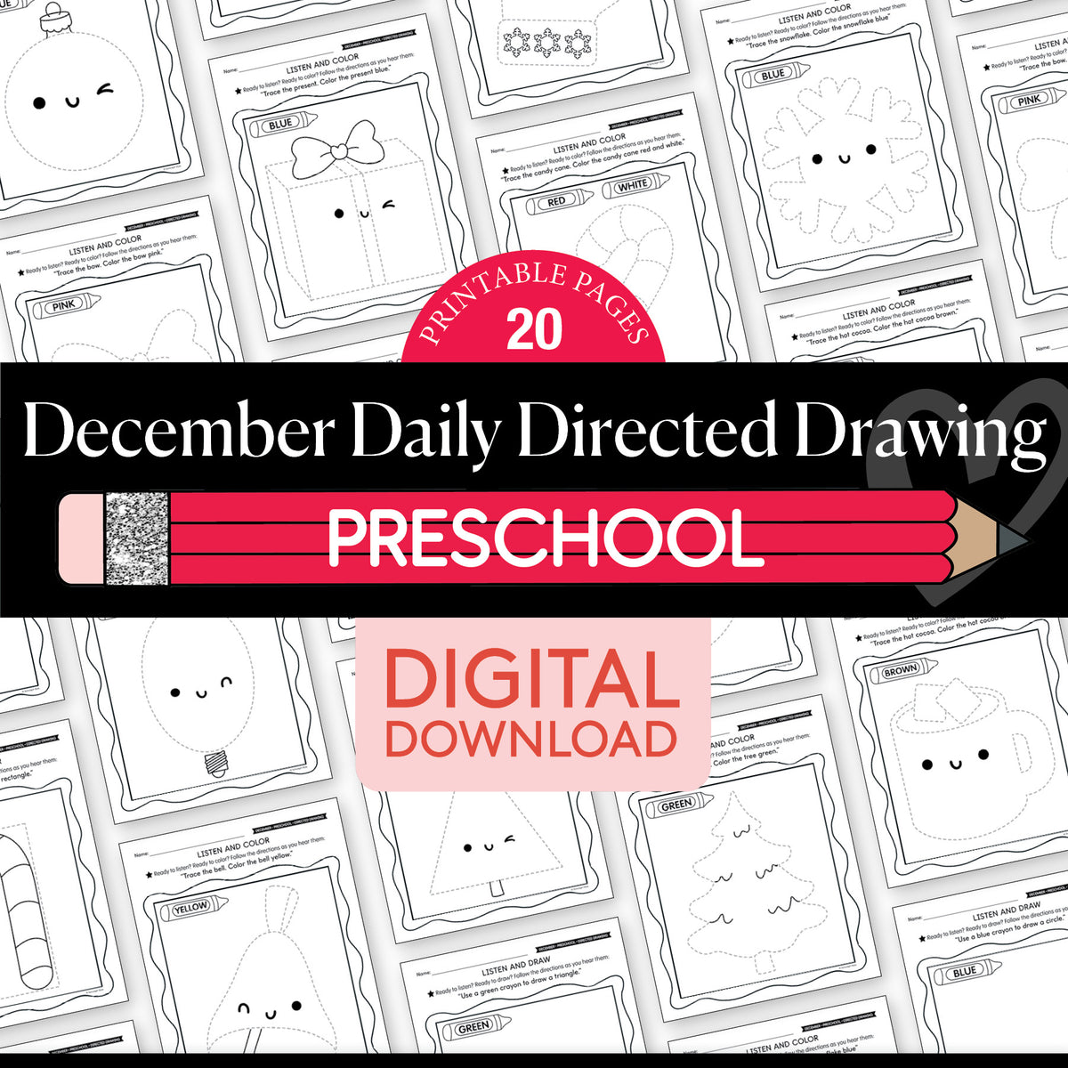 Printable Preschool December Directed Drawing Worksheets