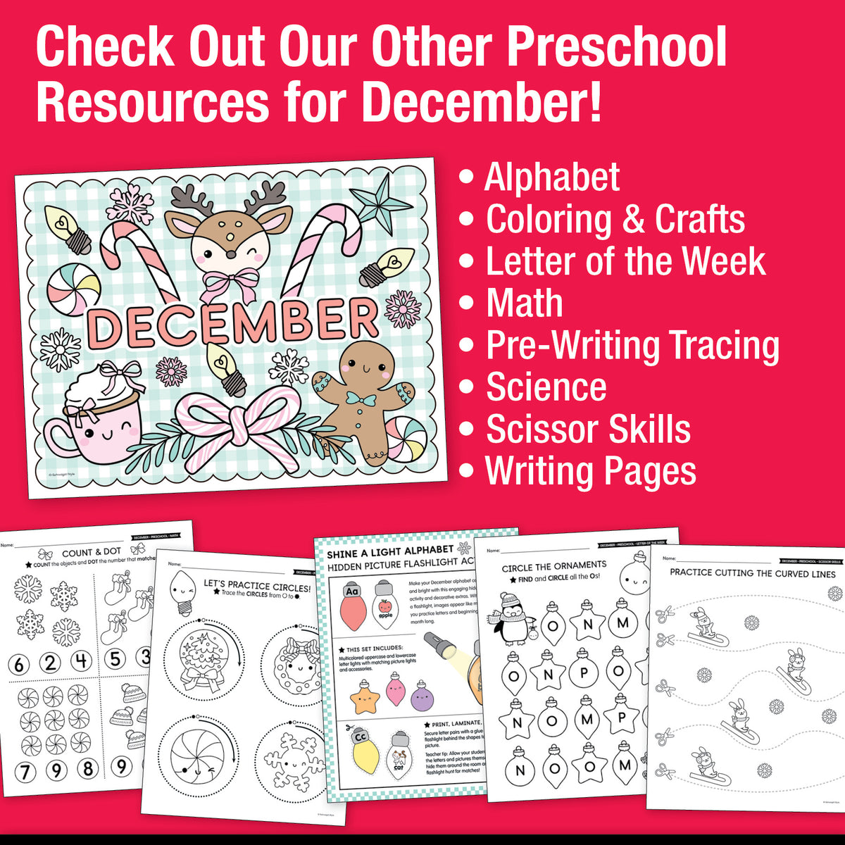Printable Preschool December Directed Drawing Worksheets