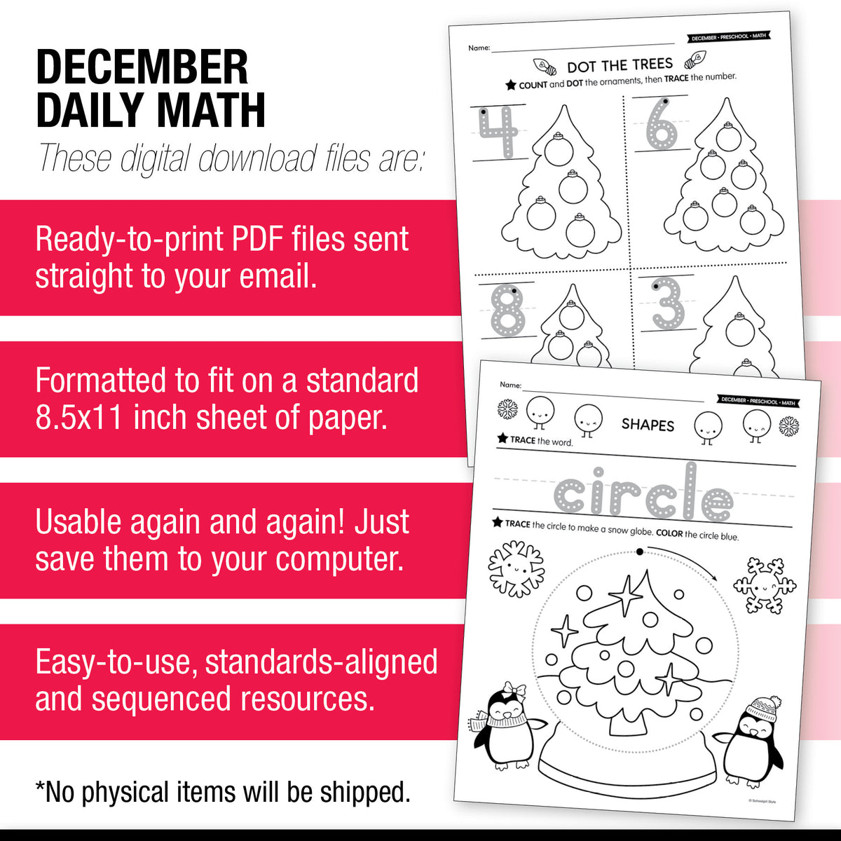 Printable Preschool December Daily Math