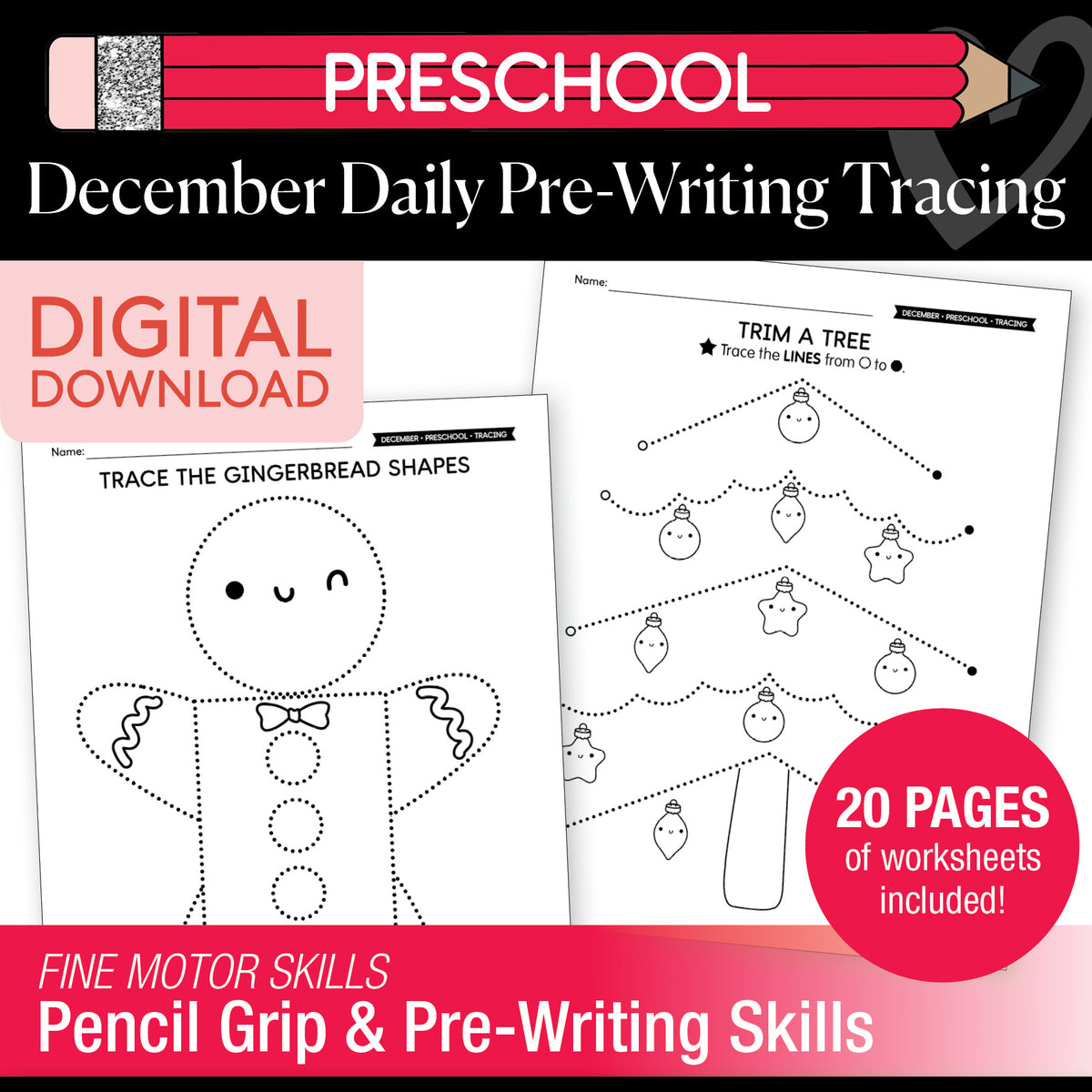 Printable Preschool December Daily Pre-Writing Tracing Worksheets