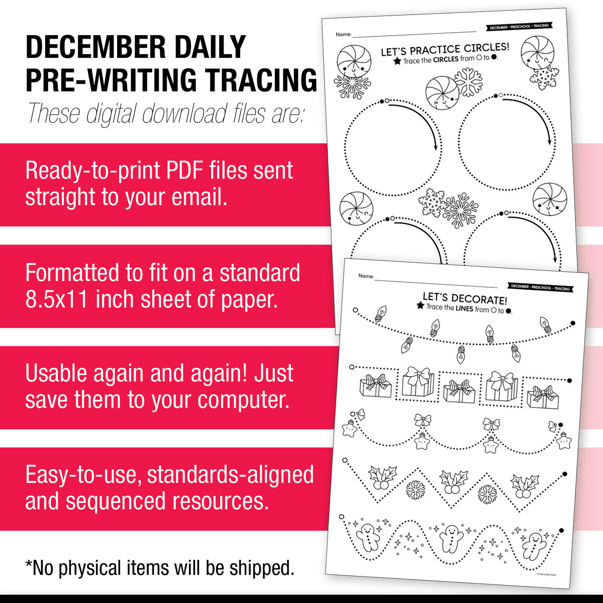 Printable Preschool December Daily Pre-Writing Tracing Worksheets