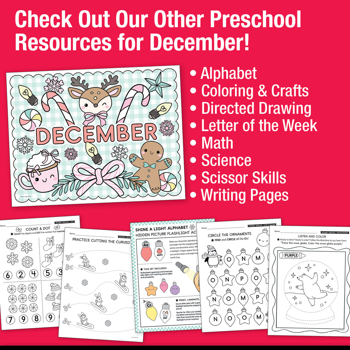 Printable Preschool December Daily Pre-Writing Tracing Worksheets