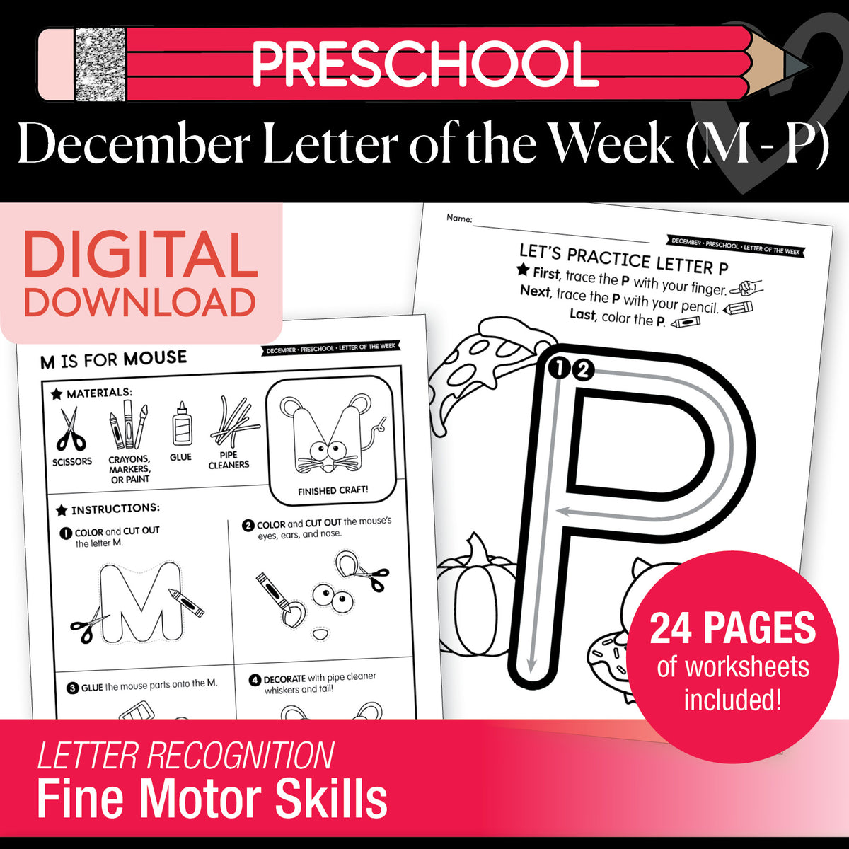 Printable Preschool December Letter of the Week (M-P)