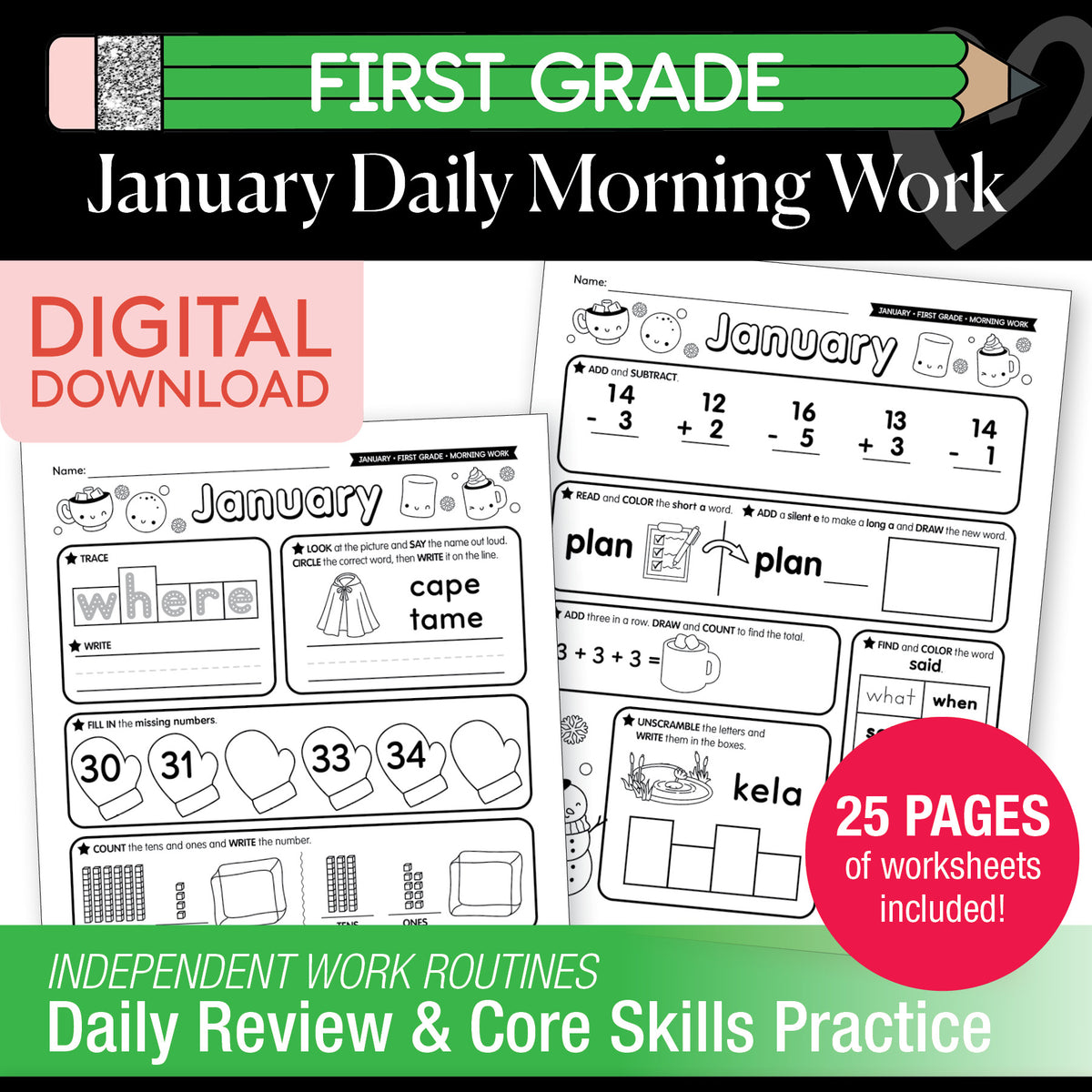 Printable First Grade January Daily Morning Work
