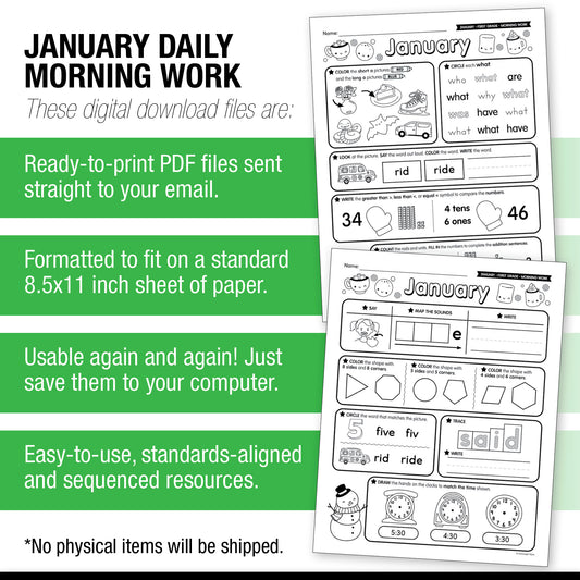 Printable First Grade January Daily Morning Work
