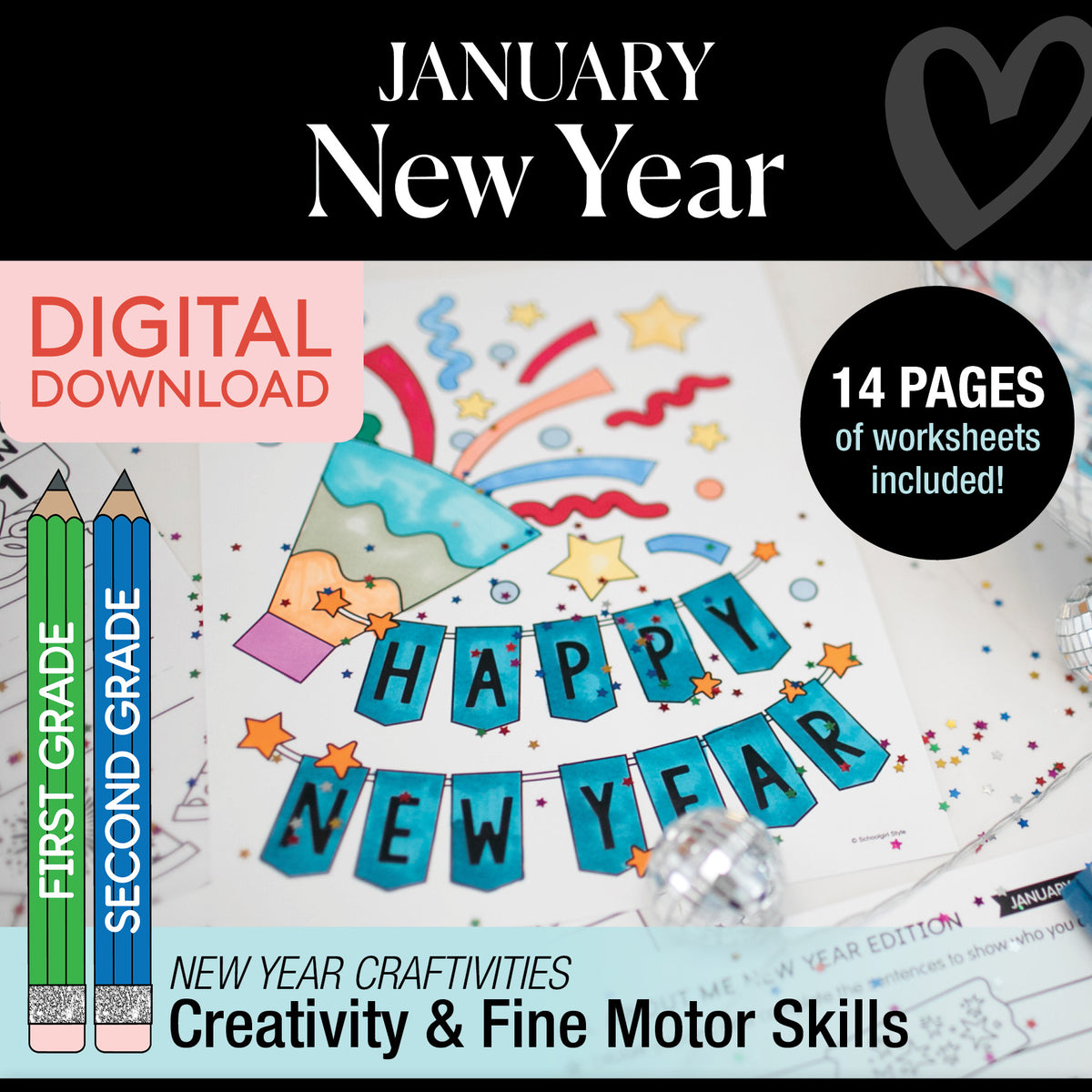 Printable January First and Second Grade New Year Crafts and Activities Party Pack