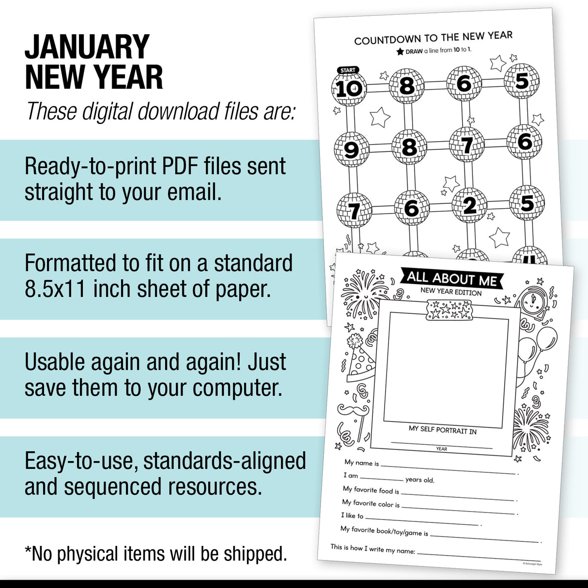 Printable January First and Second Grade New Year Crafts and Activities Party Pack